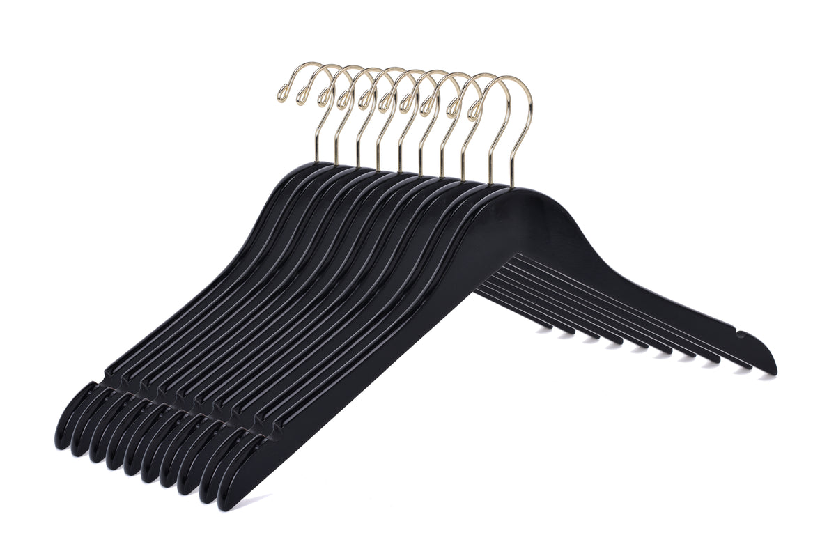 W071 – Semi-Curved Wooden Coat & Suit Hanger – 17.5" – Black / Gold Hook
