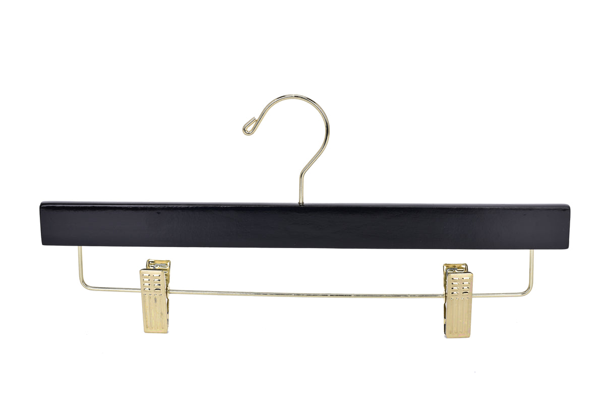 W073 – Straight Wooden Skirt & Pant Hanger with Clips – 14" – Black / Gold Hook