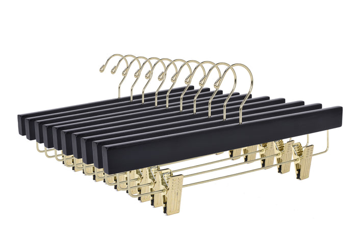 W073 – Straight Wooden Skirt & Pant Hanger with Clips – 14" – Black / Gold Hook