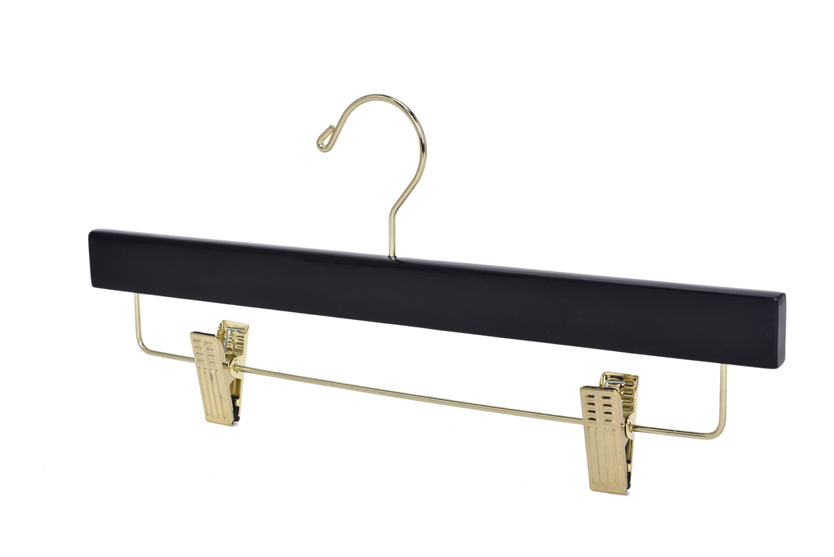 W073 – Straight Wooden Skirt & Pant Hanger with Clips – 14" – Black / Gold Hook