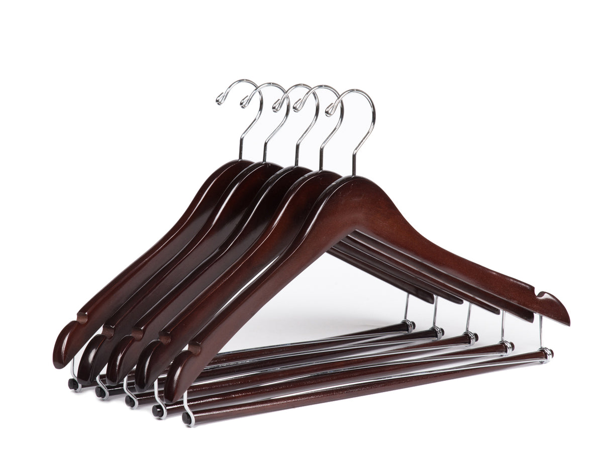 W054 – Curved Wooden Coat & Suit Hanger with Locking Bar – 17" – Mahogany