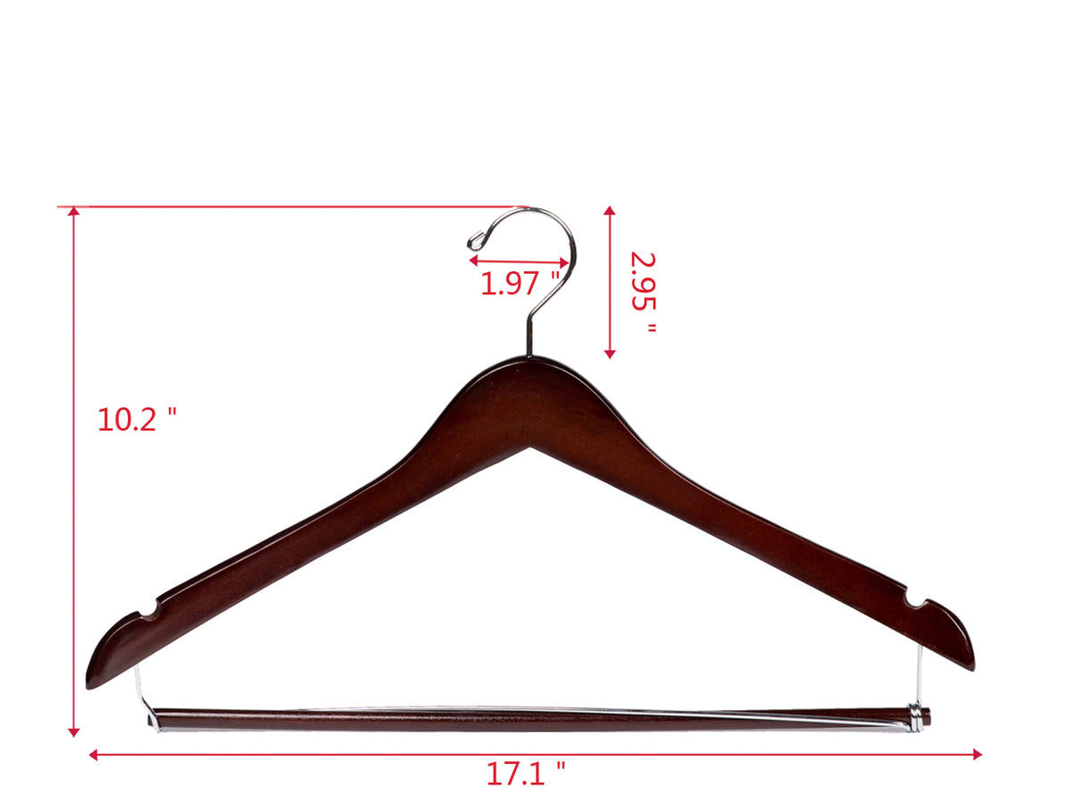W054-10 – Curved Wooden Coat & Suit Hanger with Locking Bar – 17" – Mahogany