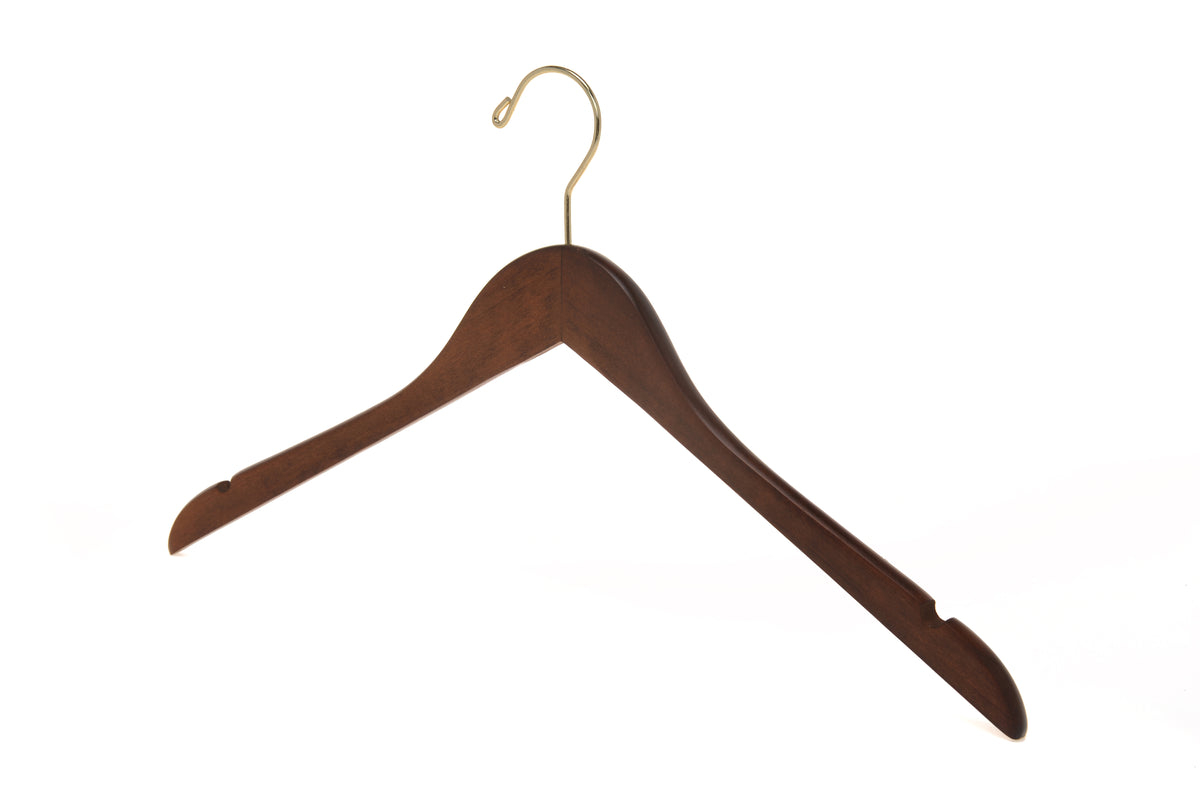 W011 – Semi-Curved Wooden Coat & Suit Hanger – 17.5" – Walnut / Gold Hook