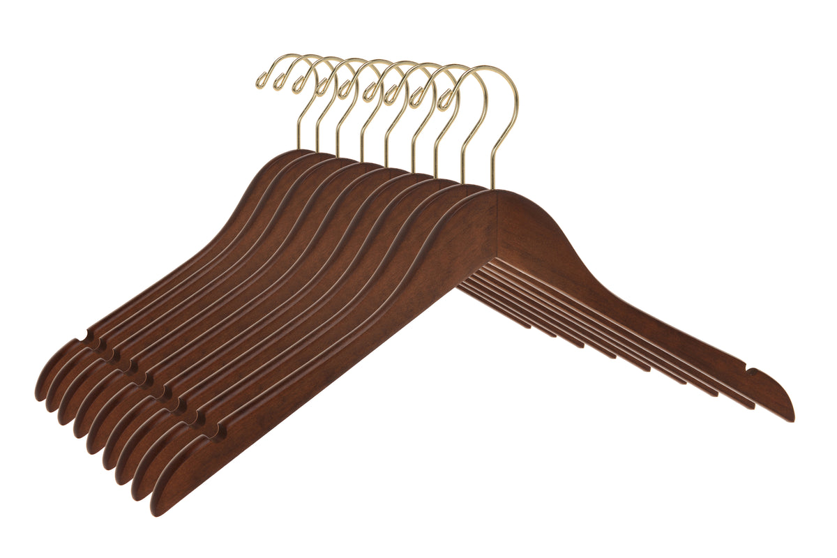 W011 – Semi-Curved Wooden Coat & Suit Hanger – 17.5" – Walnut / Gold Hook