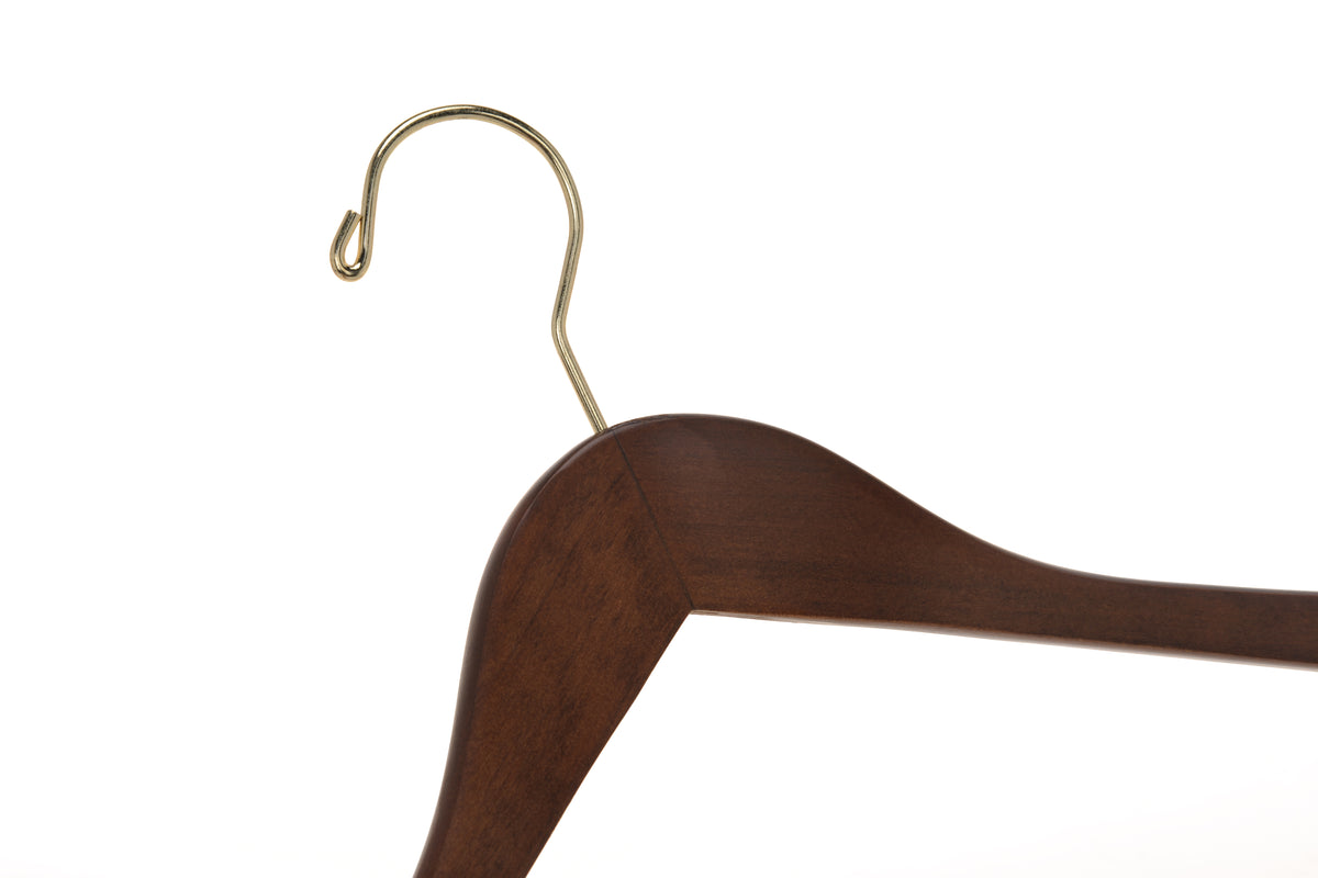 W011 – Semi-Curved Wooden Coat & Suit Hanger – 17.5" – Walnut / Gold Hook