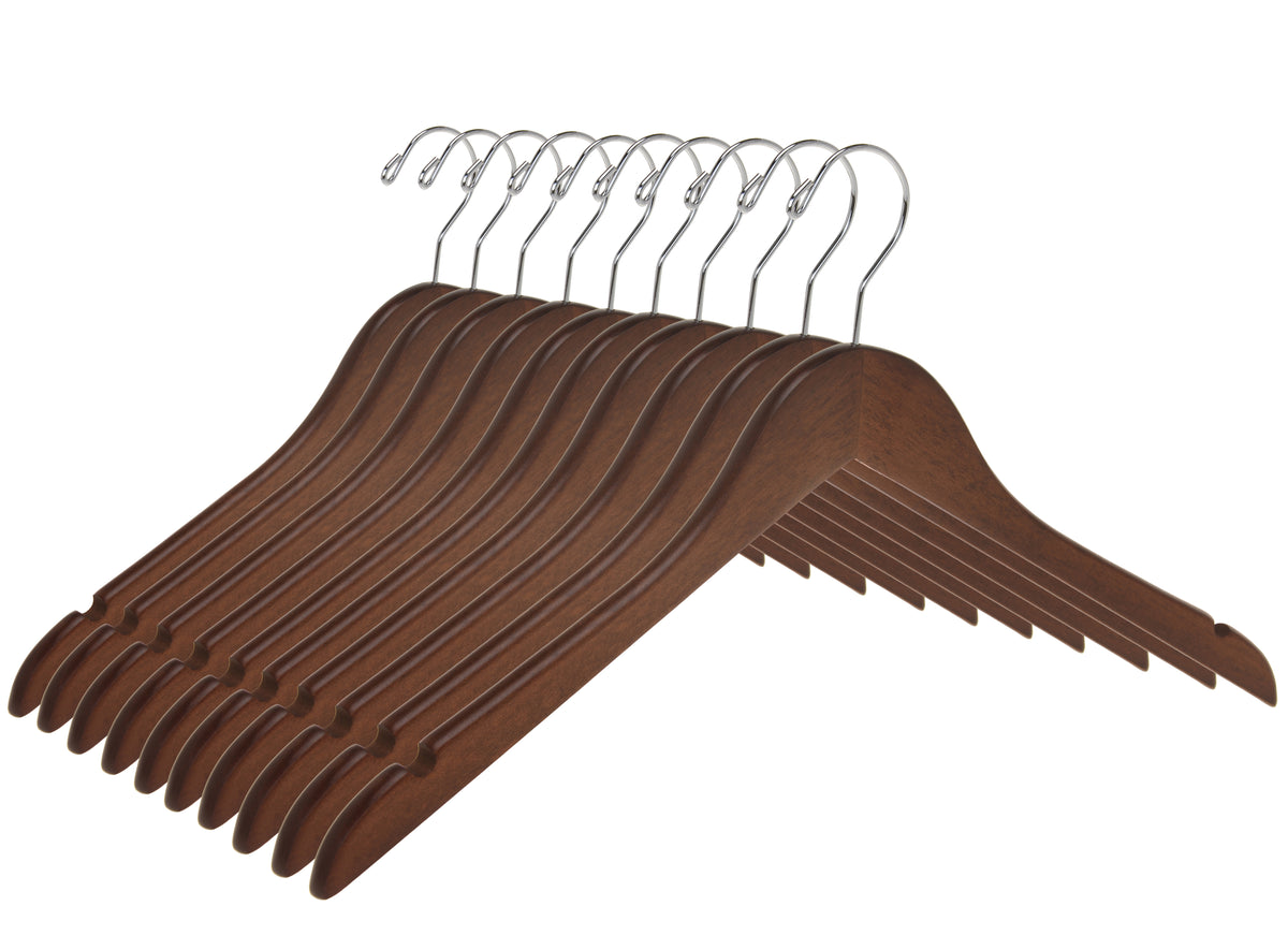 W021 – Semi-Curved Wooden Coat & Suit Hanger – 17.5" – Walnut / Chrome Hook