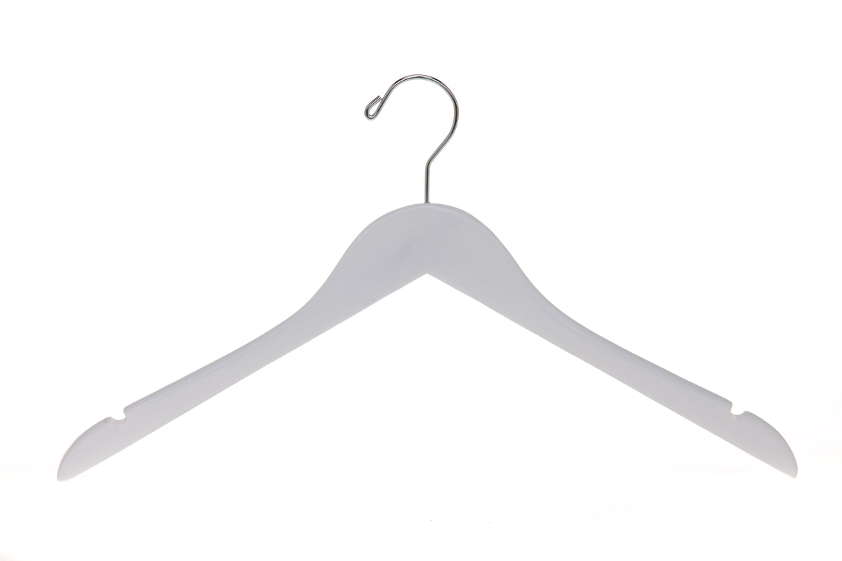 W041 – Semi-Curved Wooden Coat & Suit Hanger – 17.5" – White / Chrome Hook