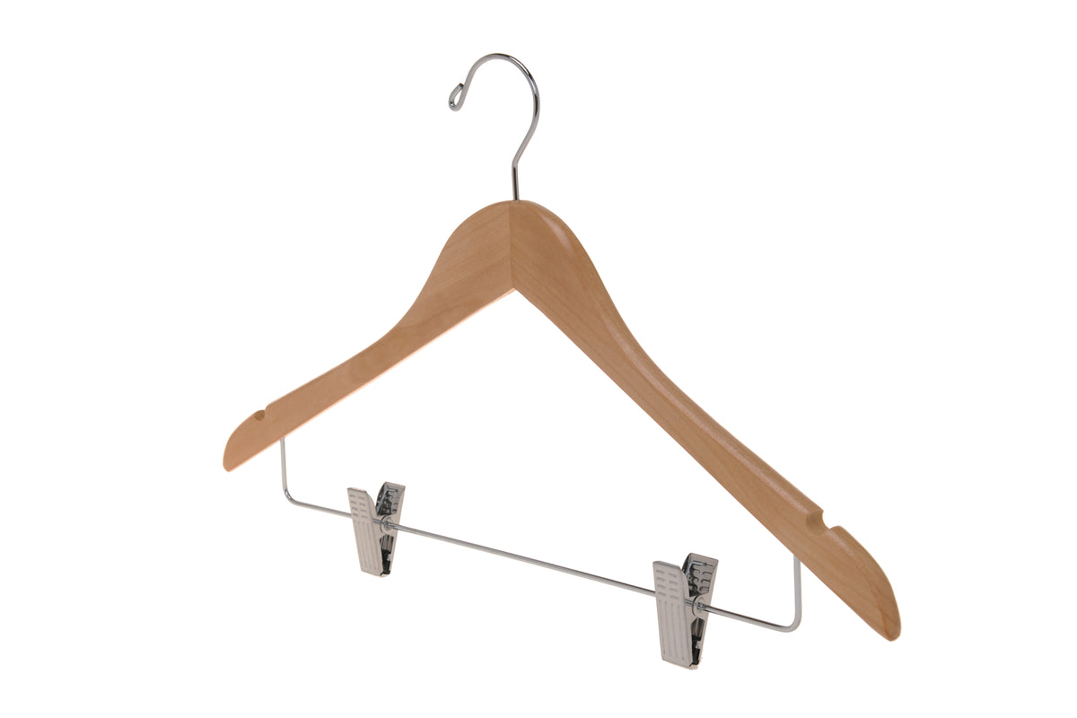 W032 – Semi-Curved Wooden Skirt & Pant Hanger with Clips – 17.5" – Natural / Chrome Hook
