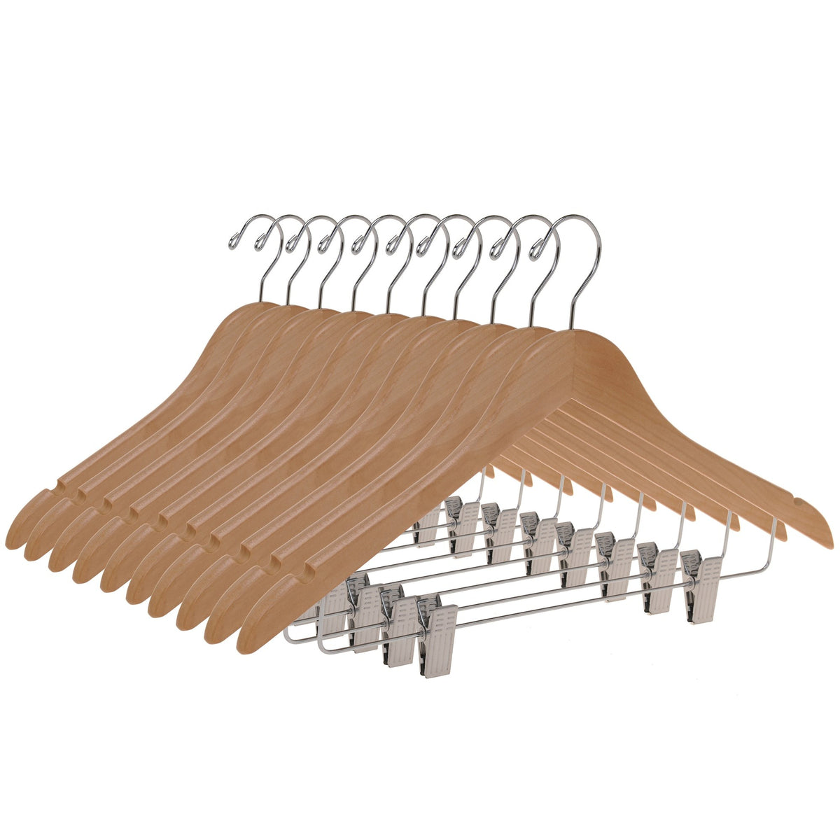 W032 – Semi-Curved Wooden Skirt & Pant Hanger with Clips – 17.5" – Natural / Chrome Hook