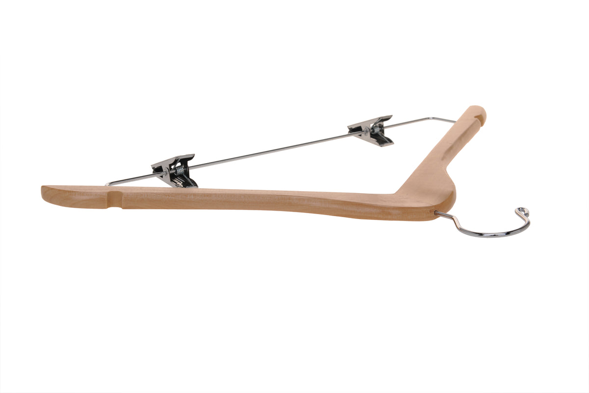 W032 – Semi-Curved Wooden Skirt & Pant Hanger with Clips – 17.5" – Natural / Chrome Hook