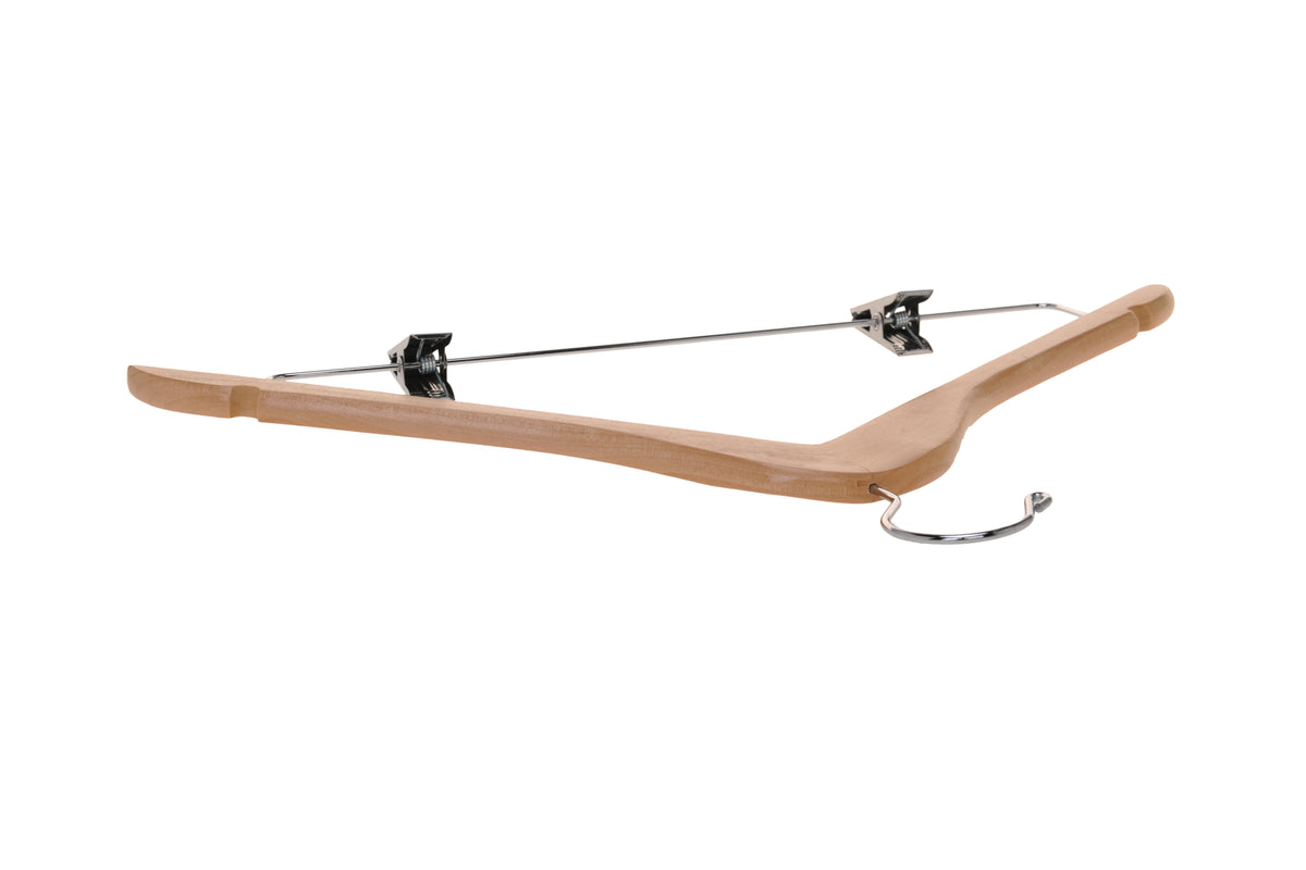 W032 – Semi-Curved Wooden Skirt & Pant Hanger with Clips – 17.5" – Natural / Chrome Hook