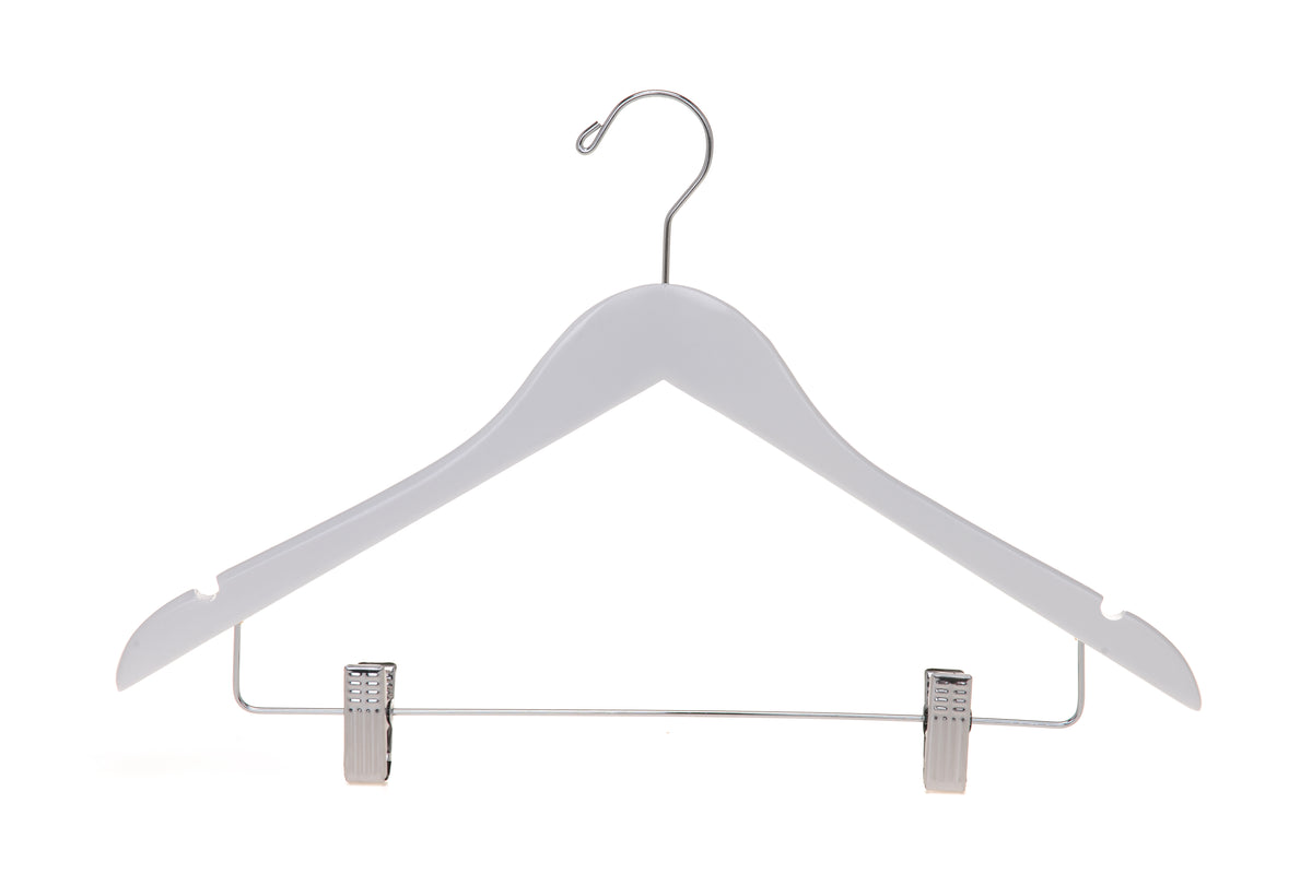 W042 – Semi-Curved Wooden Skirt & Pant Hanger with Clips – 17.5" – White / Chrome Hook
