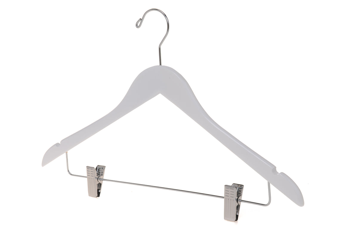W042 – Semi-Curved Wooden Skirt & Pant Hanger with Clips – 17.5" – White / Chrome Hook
