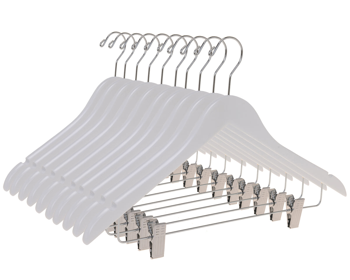 W042 – Semi-Curved Wooden Skirt & Pant Hanger with Clips – 17.5" – White / Chrome Hook