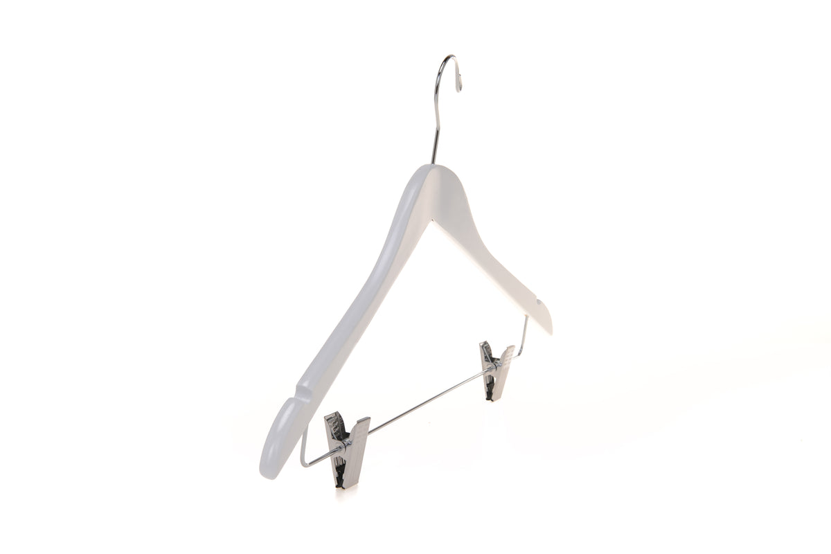 W042 – Semi-Curved Wooden Skirt & Pant Hanger with Clips – 17.5" – White / Chrome Hook