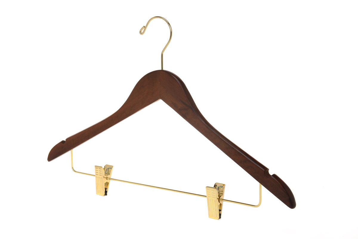 W012 – Semi-Curved Wooden Skirt & Pant Hanger with Clips – 17.5" – Walnut / Gold Hook