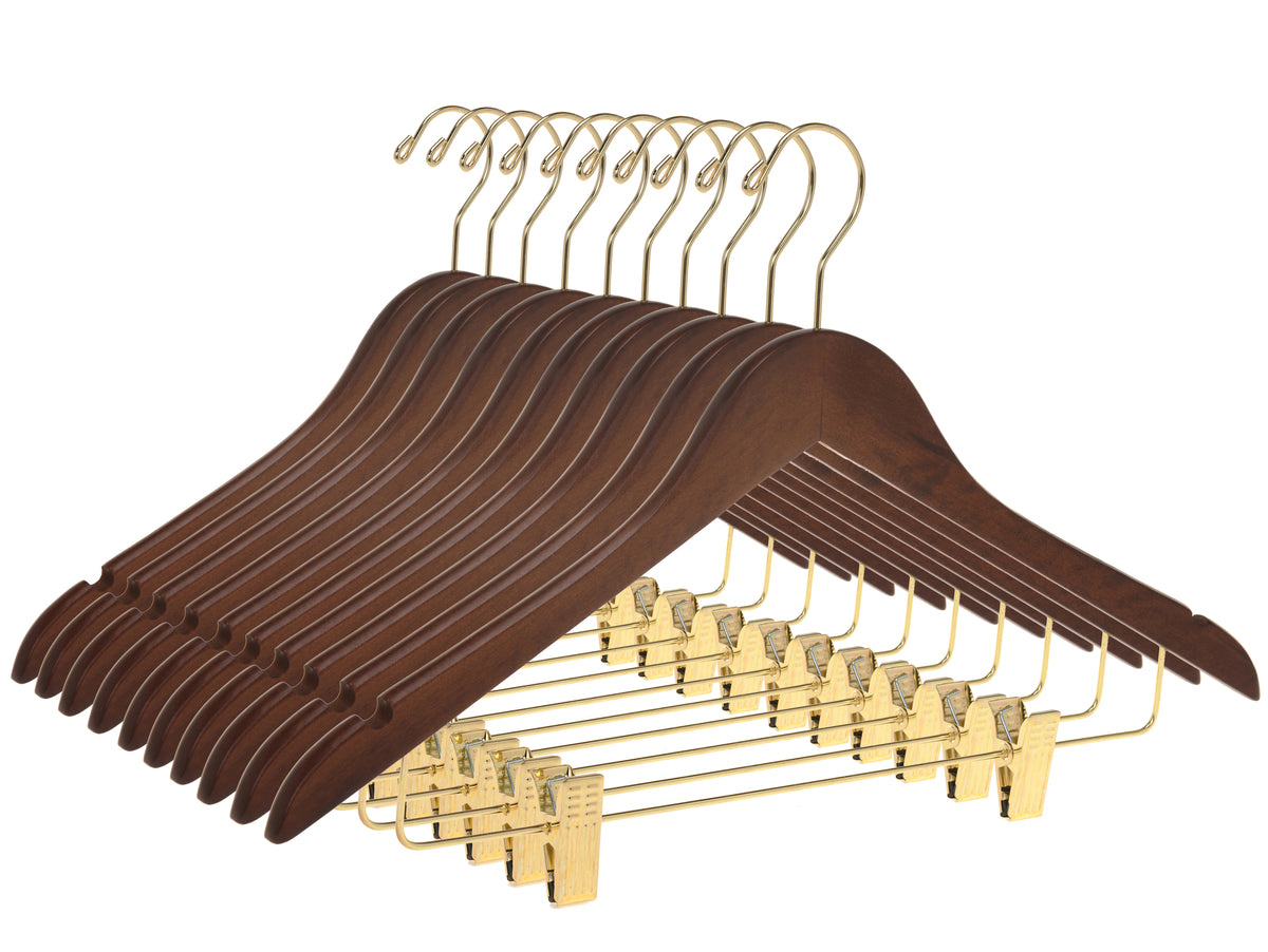 W012 – Semi-Curved Wooden Skirt & Pant Hanger with Clips – 17.5" – Walnut / Gold Hook