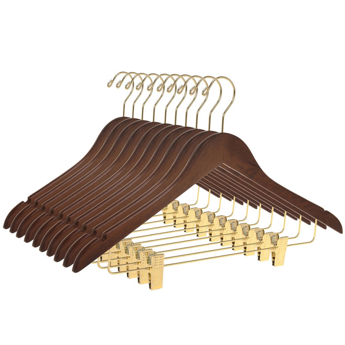 W012 – Semi-Curved Wooden Skirt & Pant Hanger with Clips – 17.5" – Walnut / Gold Hook