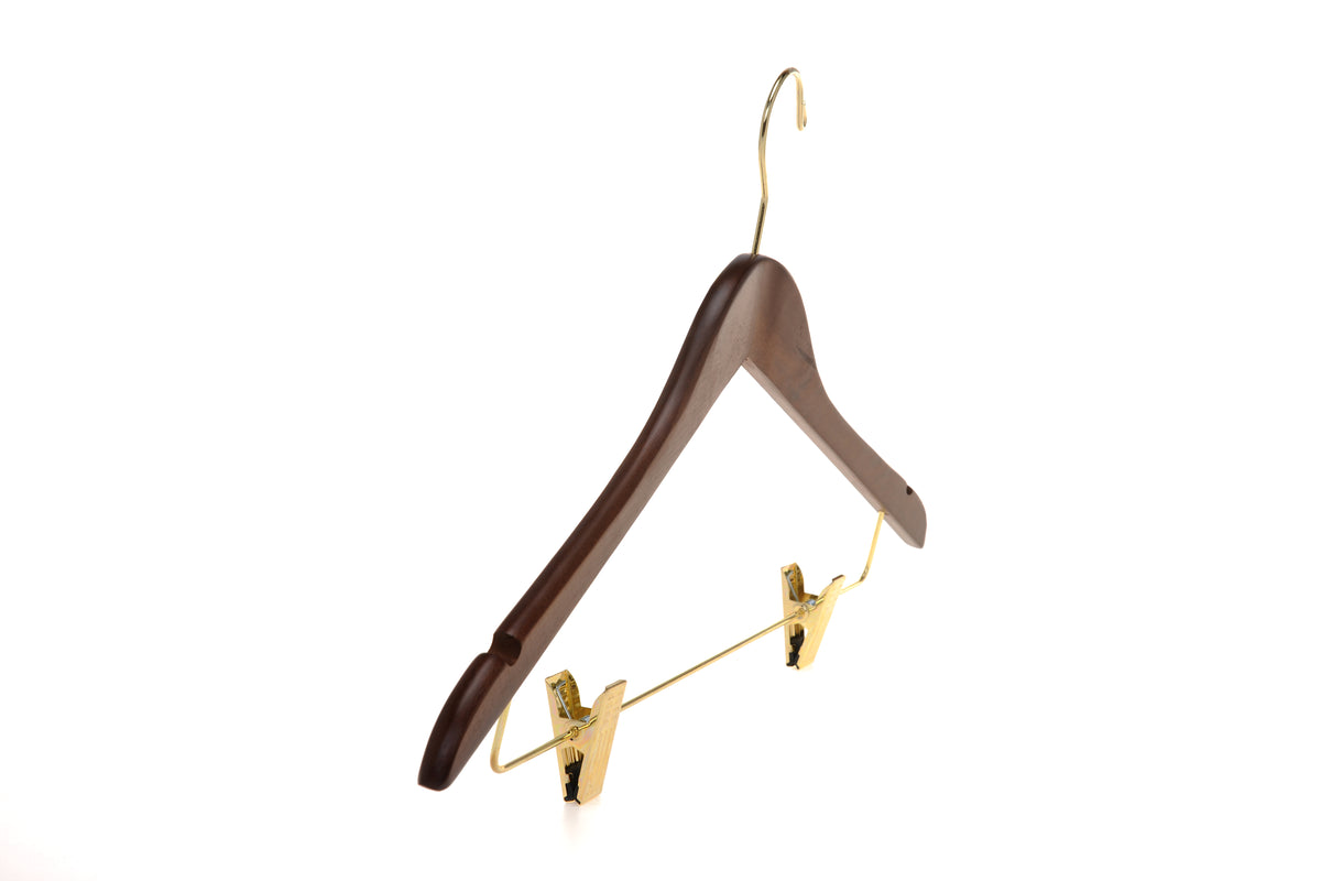 W012 – Semi-Curved Wooden Skirt & Pant Hanger with Clips – 17.5" – Walnut / Gold Hook