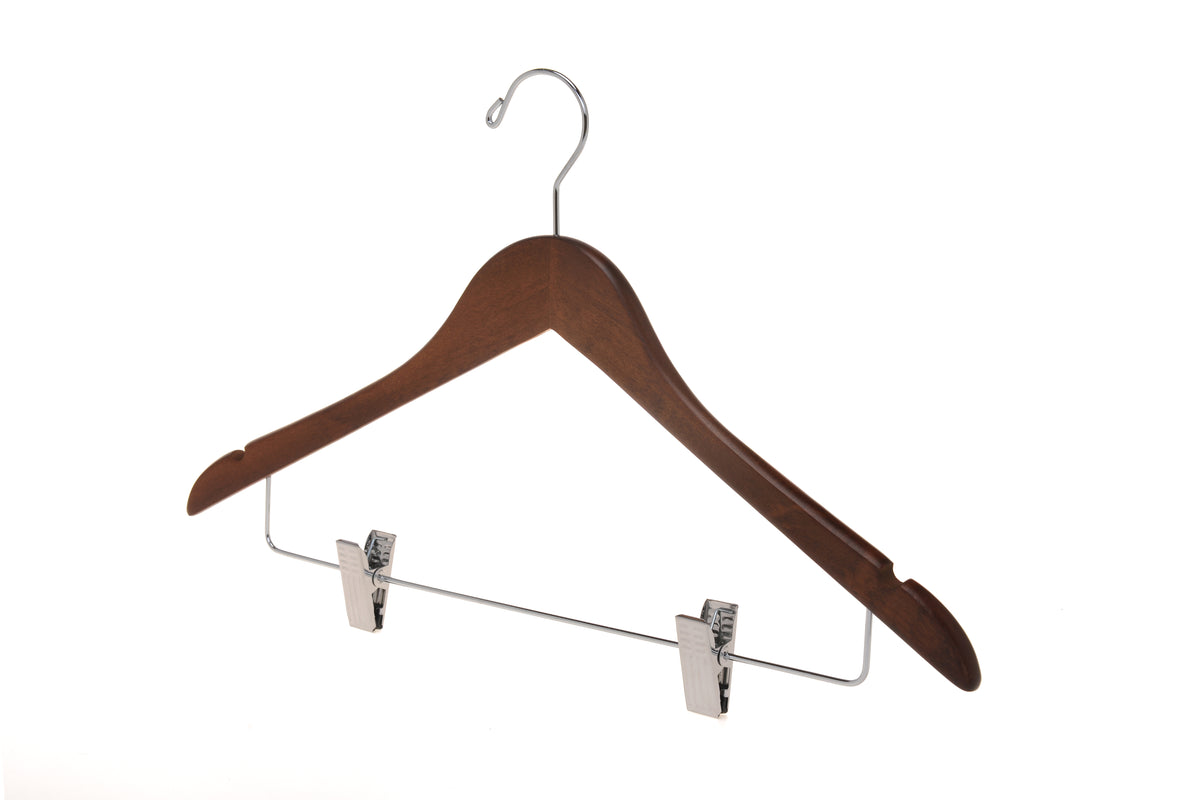 W022 – Semi-Curved Wooden Skirt & Pant Hanger with Clips – 17.5" – Walnut / Chrome Hook