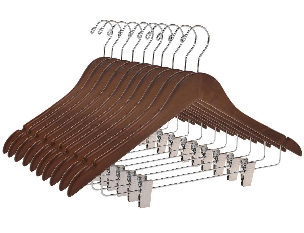 W022 – Semi-Curved Wooden Skirt & Pant Hanger with Clips – 17.5" – Walnut / Chrome Hook