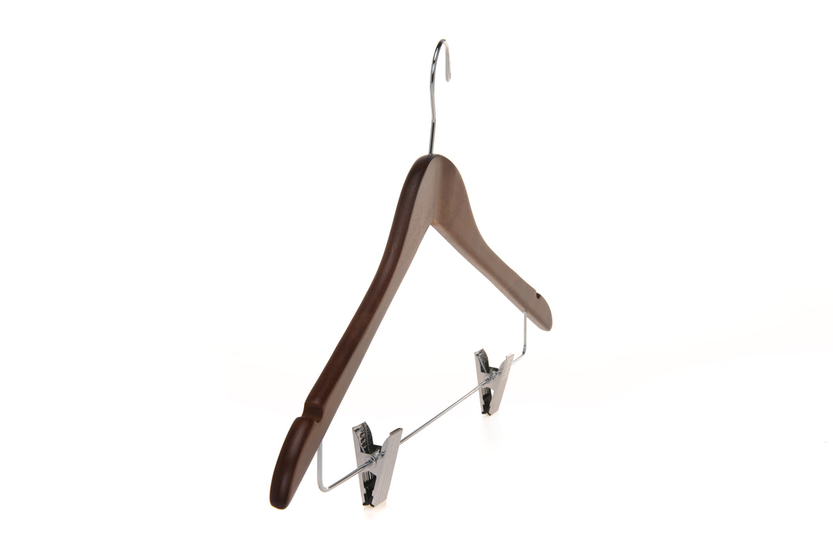 W022 – Semi-Curved Wooden Skirt & Pant Hanger with Clips – 17.5" – Walnut / Chrome Hook