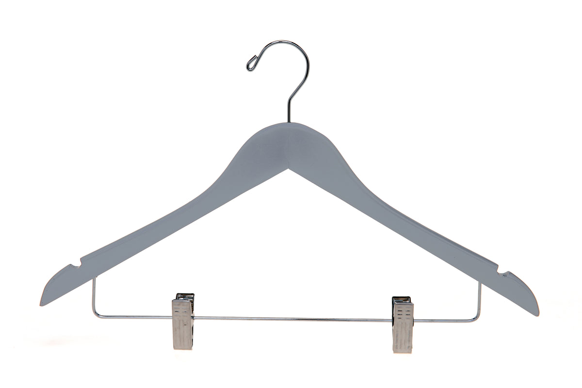 W062 – Semi-Curved Wooden Skirt & Pant Hanger with Clips – 17.5" – Light Gray