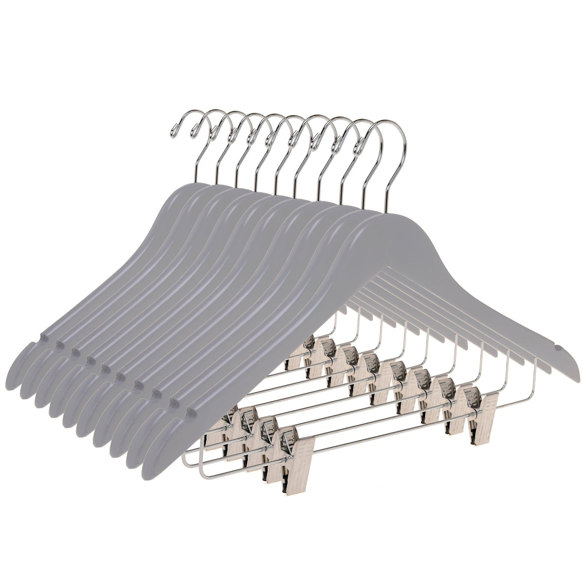 W062 – Semi-Curved Wooden Skirt & Pant Hanger with Clips – 17.5" – Light Gray