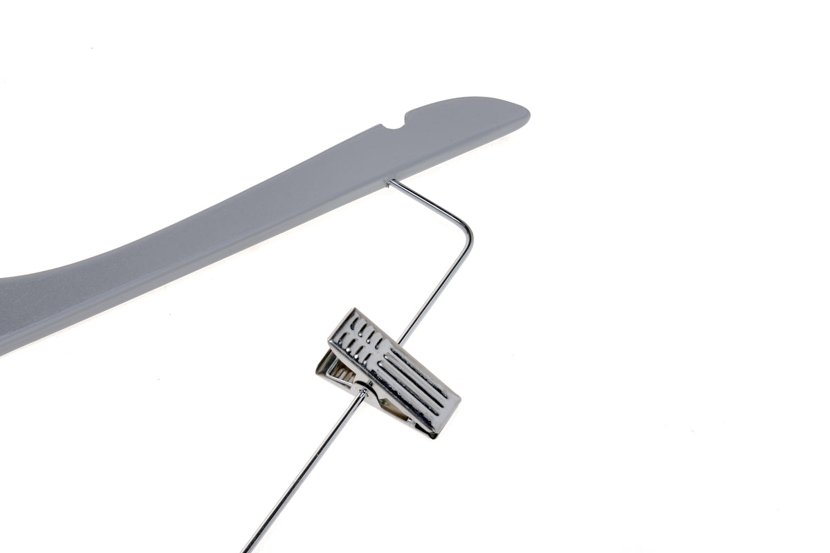 W062 – Semi-Curved Wooden Skirt & Pant Hanger with Clips – 17.5" – Light Gray