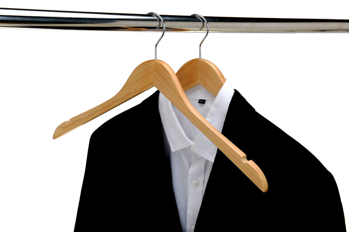 W031 – Semi-Curved Wooden Coat & Suit Hanger – 17.5" – Natural / Chrome Hook