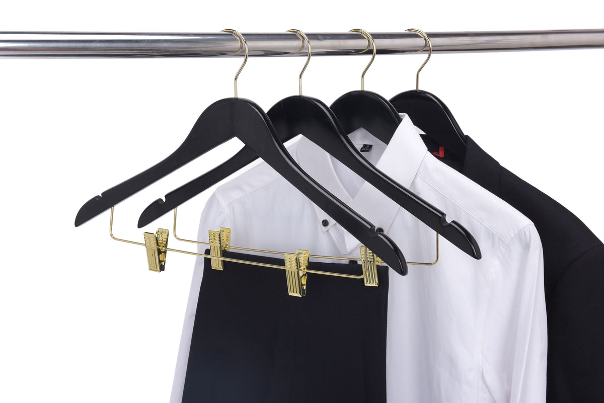 W072 – Semi-Curved Wooden Skirt & Pant Hanger with Clips – 17.5" – Black / Gold Hook