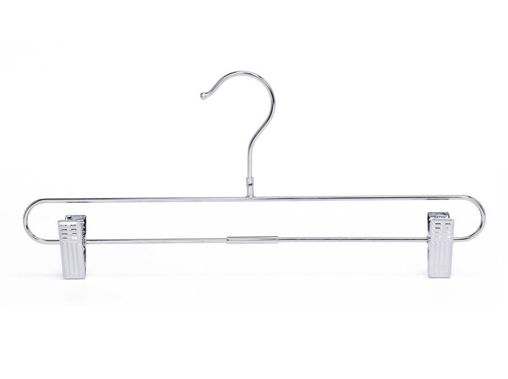 M063 – Metal Straight Skirt Hanger with Clips & Swivel Hook – 14" – Chrome
