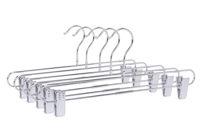 M063 – Metal Straight Skirt Hanger with Clips & Swivel Hook – 14" – Chrome