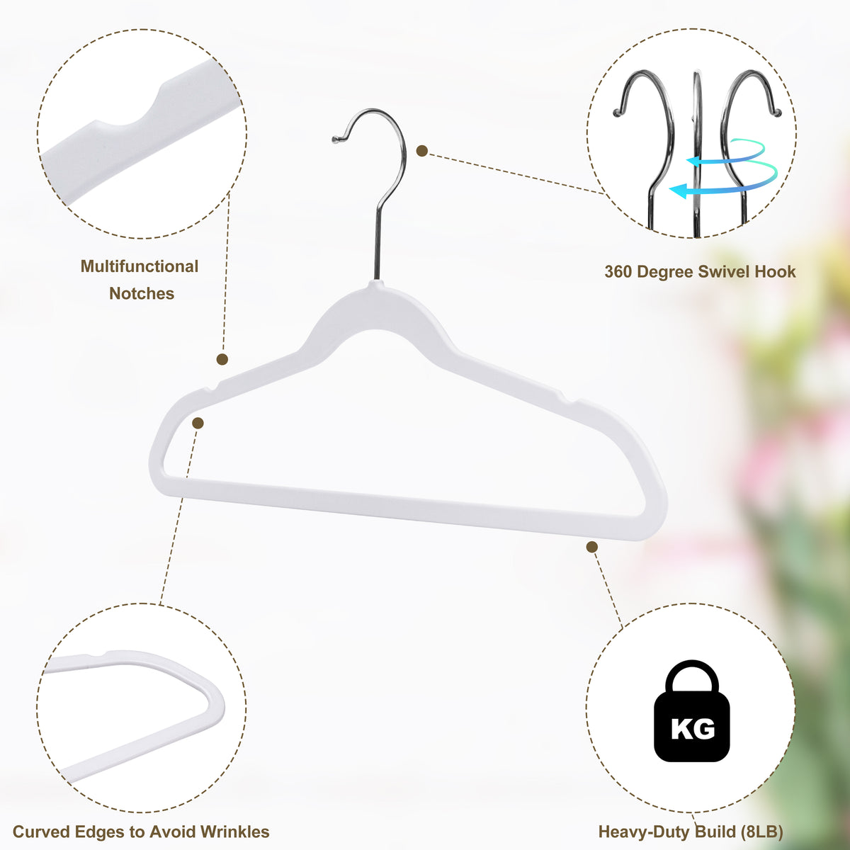 PL032 – Kids Space-Saving Plastic Shirt Hanger with Swivel Hook – 13.7" – White / Chrome Hook