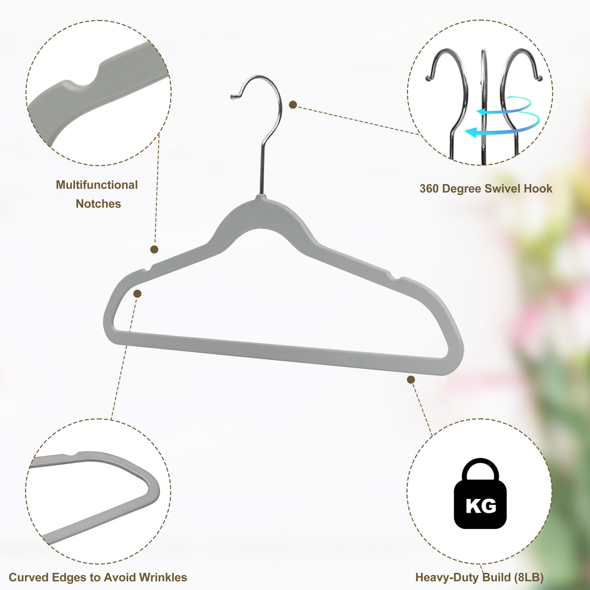 PL033 – Kids Space-Saving Plastic Shirt Hanger with Swivel Hook – 13.7" – Gray / Chrome Hook