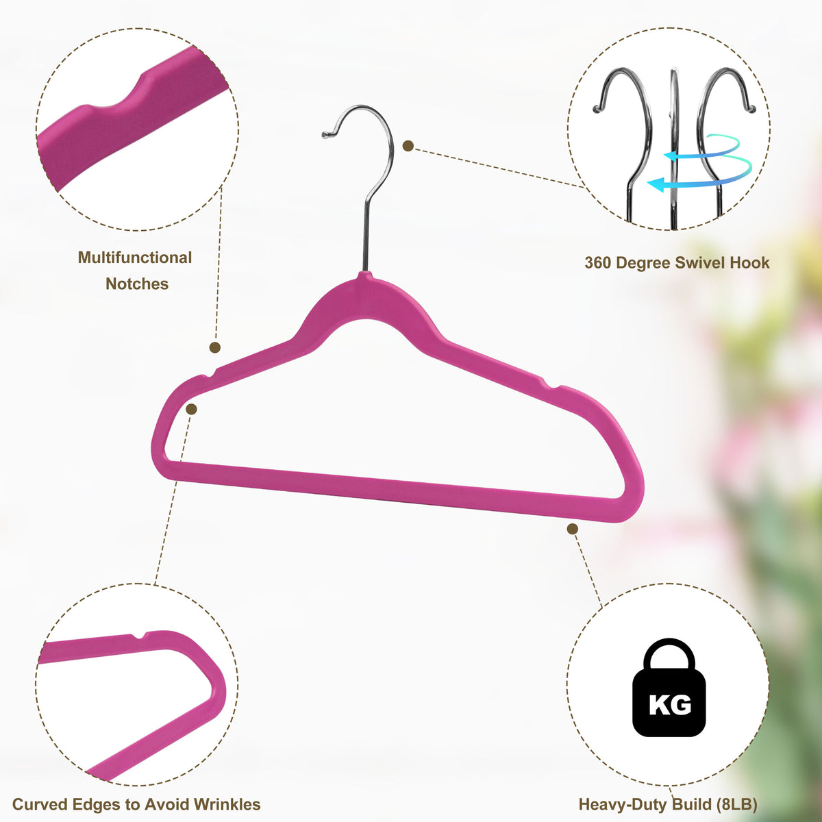 PL035 – Kids Space-Saving Plastic Shirt Hanger with Swivel Hook – 13.7" – Pink / Chrome Hook