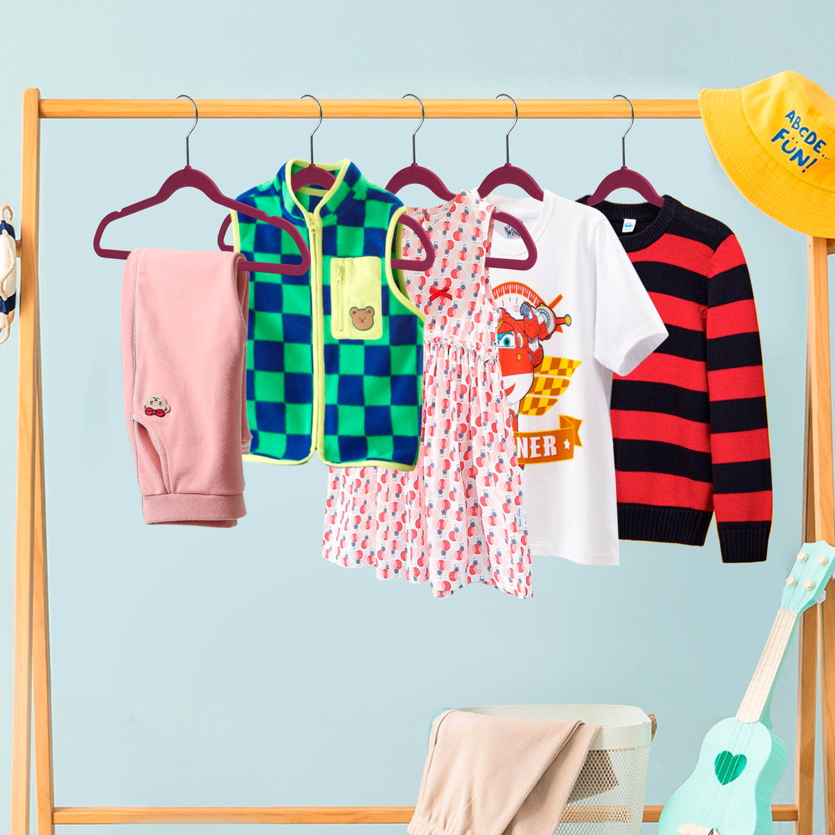 PL036 – Kids Space-Saving Plastic Shirt Hanger with Swivel Hook – 13.7" – Raspberry / Chrome Hook