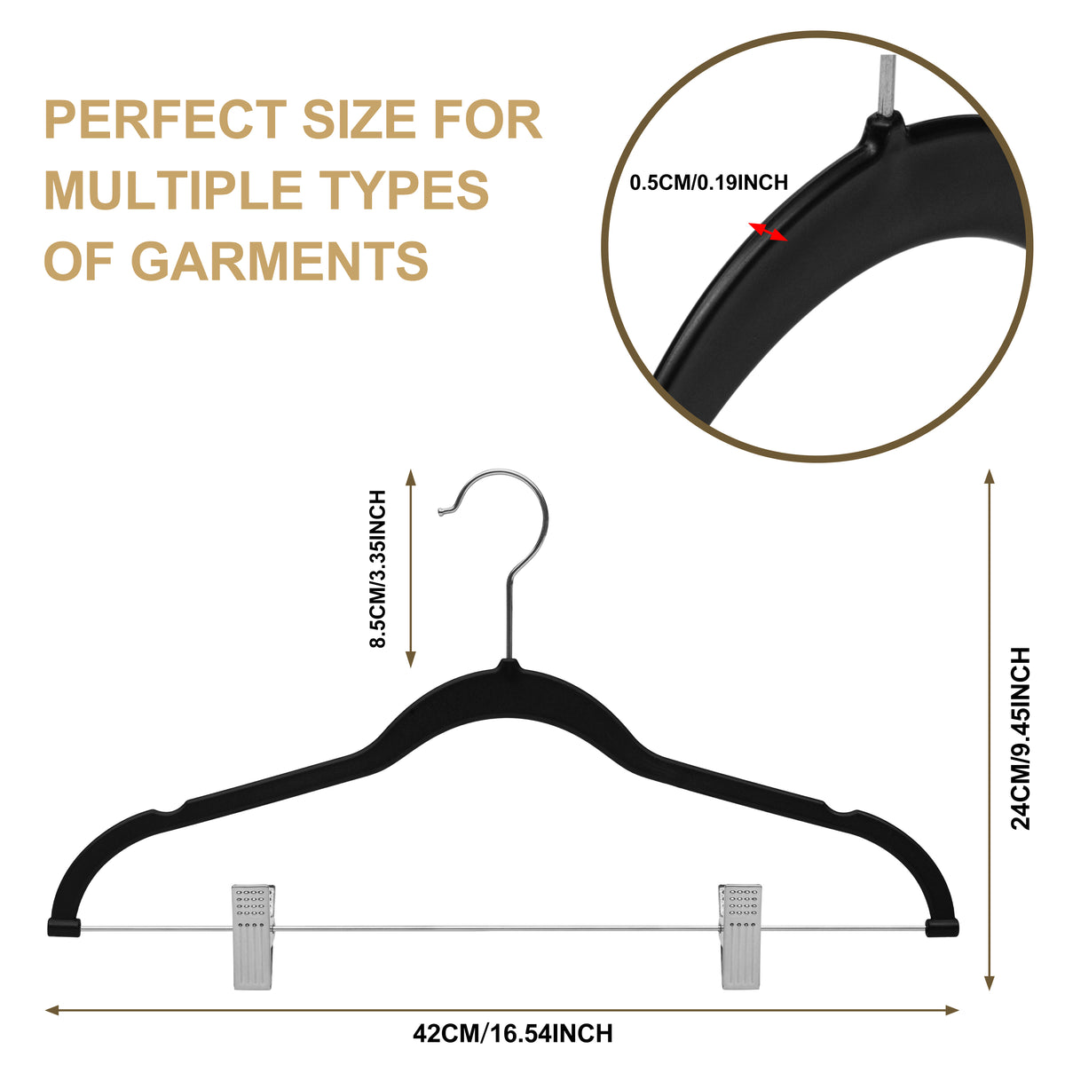 P412-BK – Slim ABS Plastic Skirt & Pant Hanger with Clips – 16.5" – Black