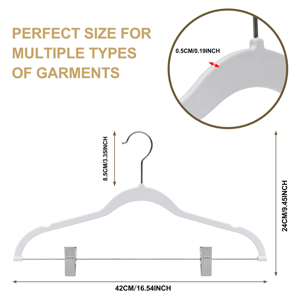 PL052 – Plastic Skirt & Pant Hanger with Clips – 16.5" – White