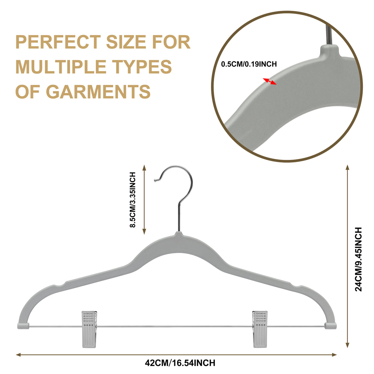 PL053 – Plastic Skirt & Pant Hanger with Clips – 16.5" – Gray