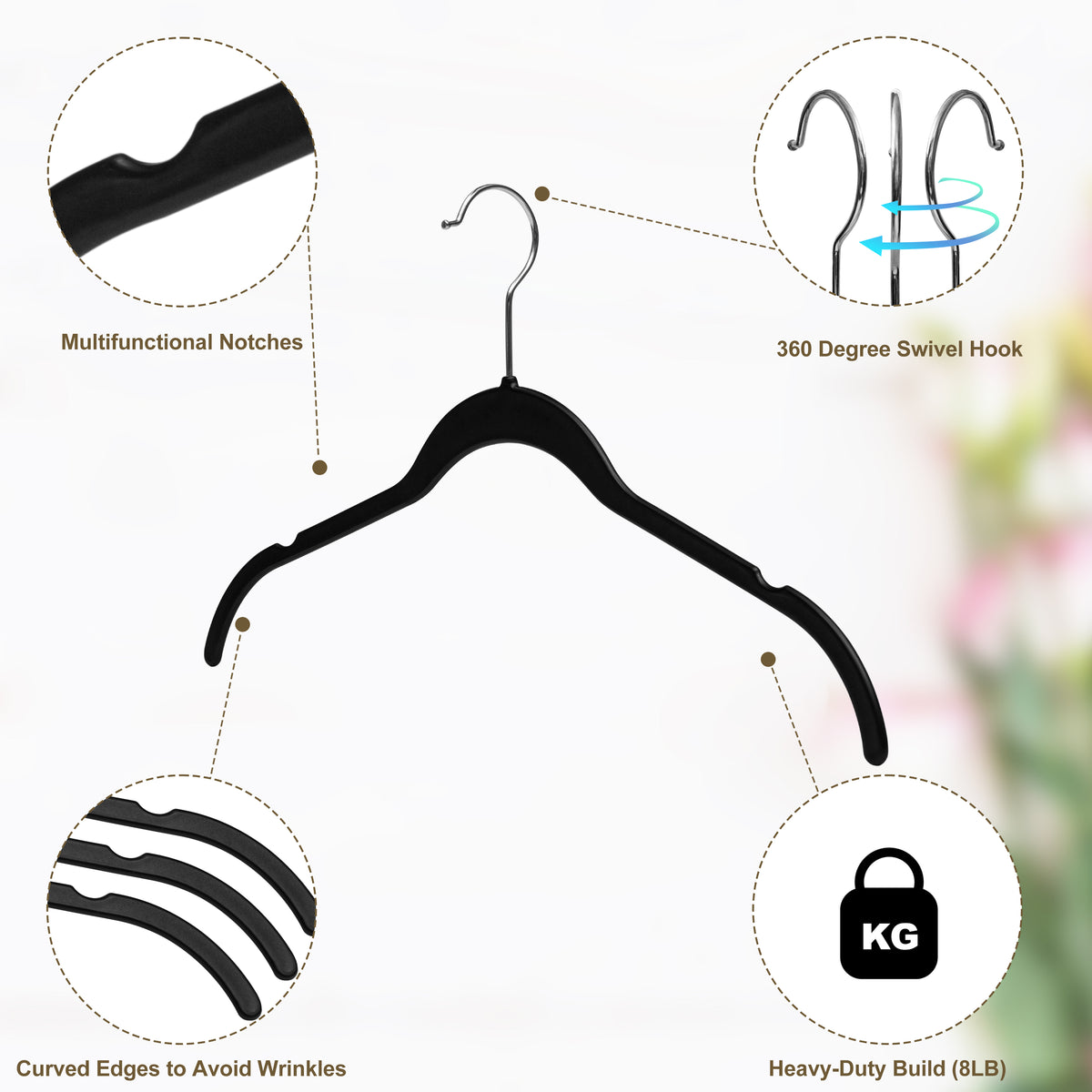 PL060-BK – Barless Space-Saving Plastic Shirt Hanger – 16.6" – Black