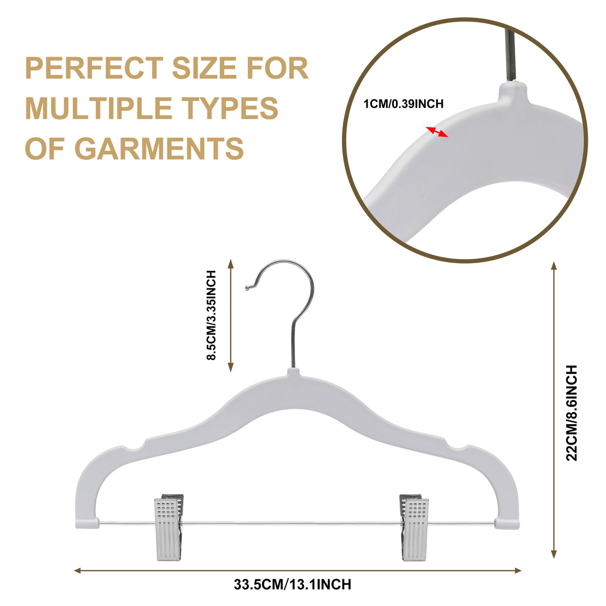 PL062 – Kids Plastic Skirt & Pant Hanger with Clips – 13" – White