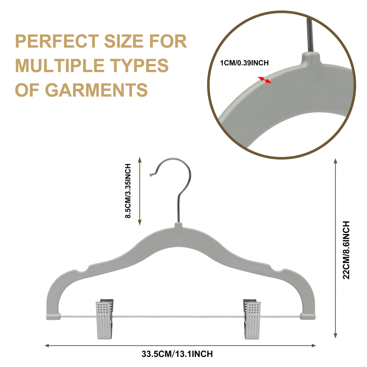 PL063 – Kids Plastic Skirt & Pant Hanger with Clips – 13" – Gray