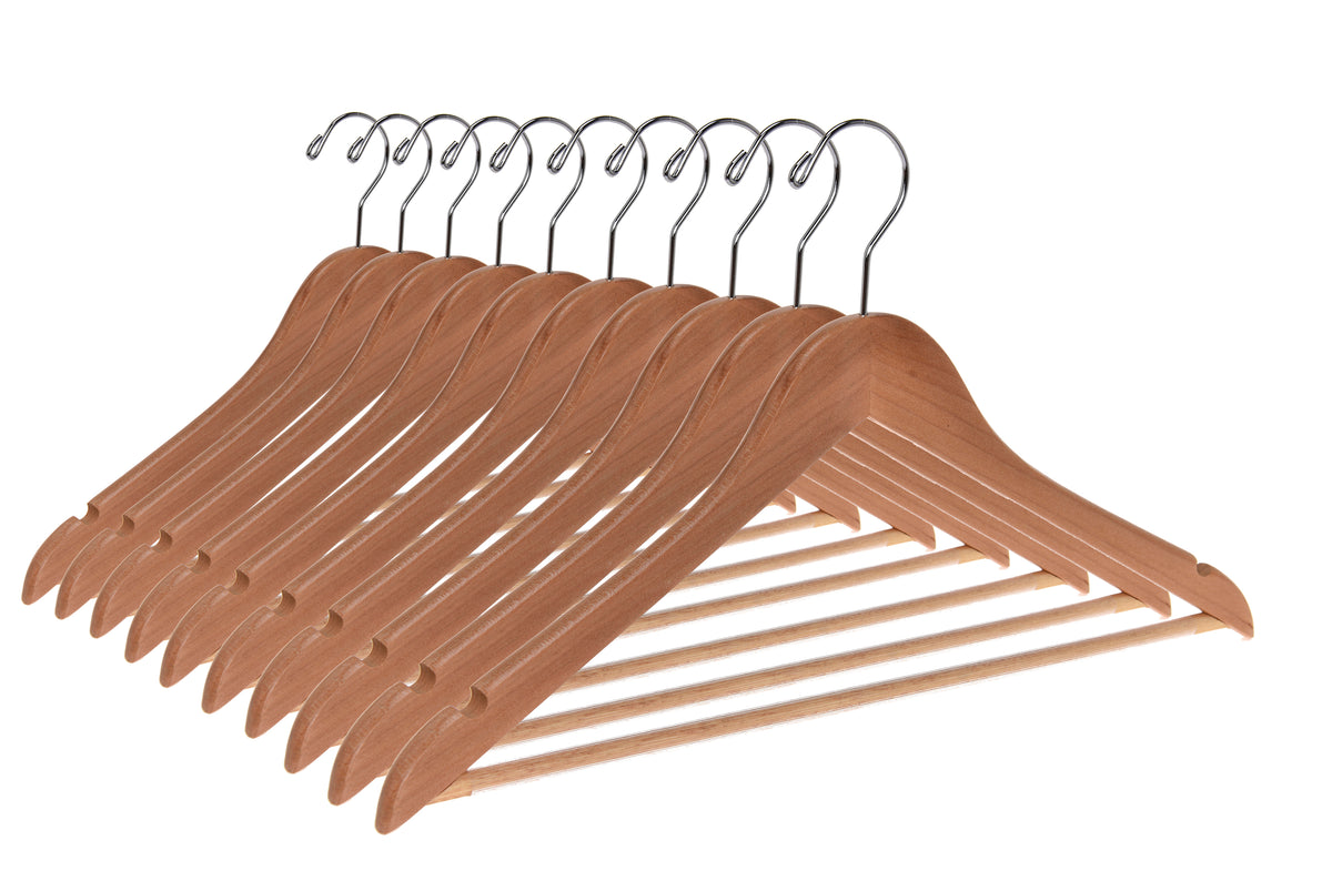 W030 – Semi-Curved Wooden Suit Hanger with Non-Slip Bar – 17.5" – Natural / Chrome Hook