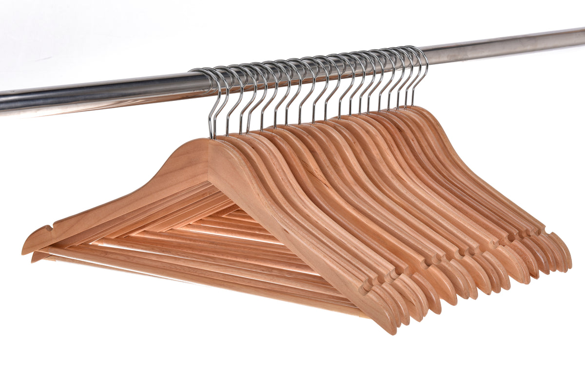 W030 – Semi-Curved Wooden Suit Hanger with Non-Slip Bar – 17.5" – Natural / Chrome Hook