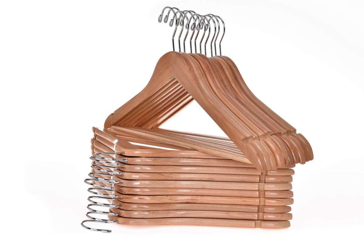 W030 – Semi-Curved Wooden Suit Hanger with Non-Slip Bar – 17.5" – Natural / Chrome Hook