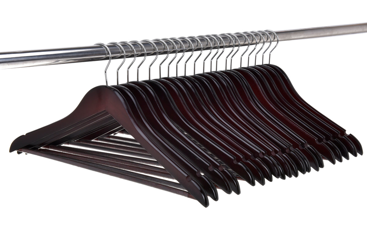 W050 – Semi-Curved Wooden Suit Hanger with Non-Slip Bar – 17.5" – Mahogany