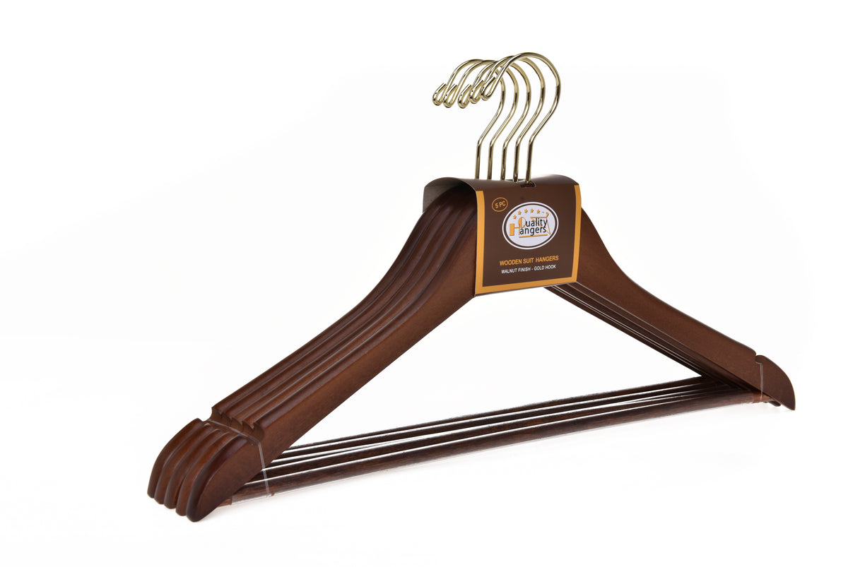 W010 – Semi-Curved Wooden Suit Hanger with Non-Slip Bar – 17.5" – Walnut / Gold Hook