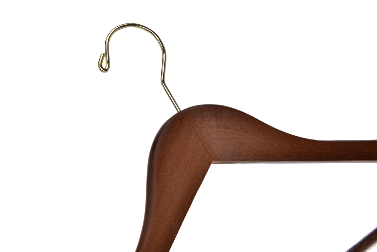 W010 – Semi-Curved Wooden Suit Hanger with Non-Slip Bar – 17.5" – Walnut / Gold Hook