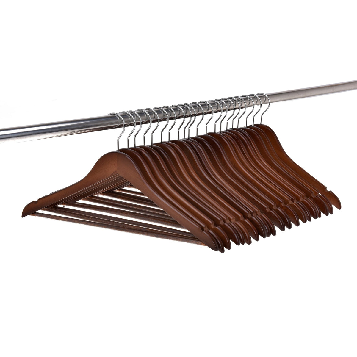 W020 – Semi-Curved Wooden Suit Hanger with Non-Slip Bar – 17.5" – Walnut / Chrome Hook